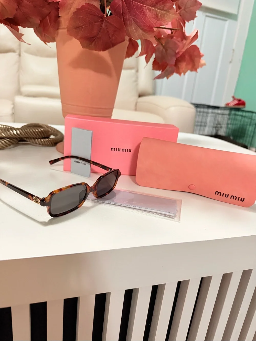 Miu Miu Tortoiseshell Sunglasses with Brown Lenses and Coral Pink Case